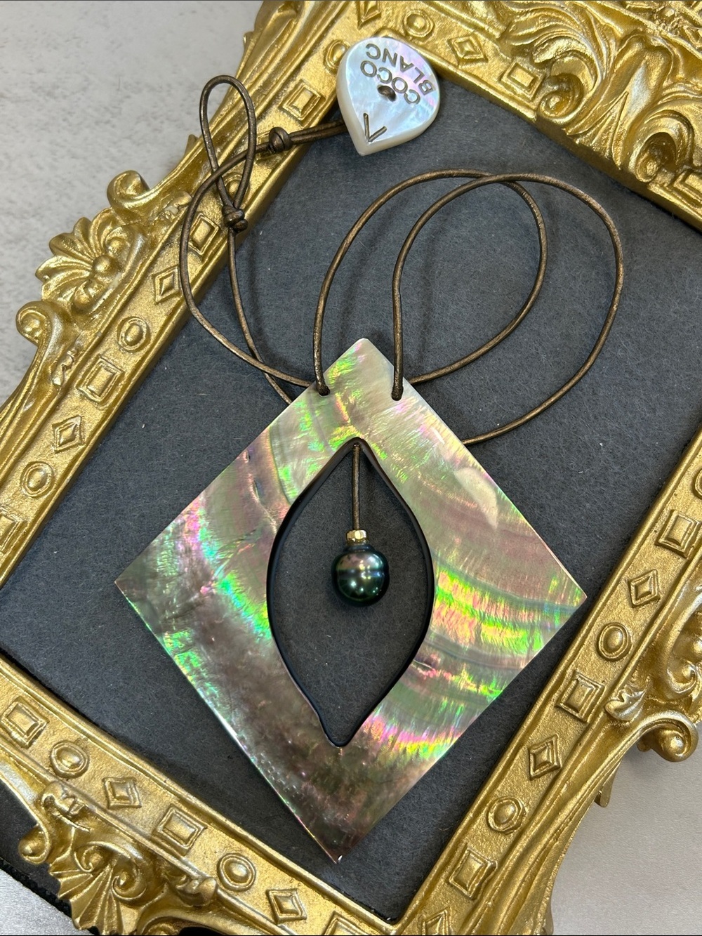 Iridescent Oversized Abalone Geometric Pendant Necklace with Beautiful Pearl